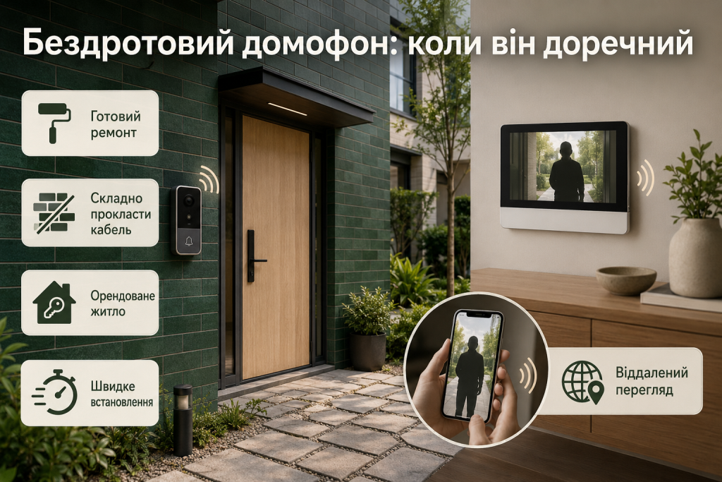 Інфографіка про бездротовий відеодомофон для готового ремонту, орендованого житла та віддаленого перегляду