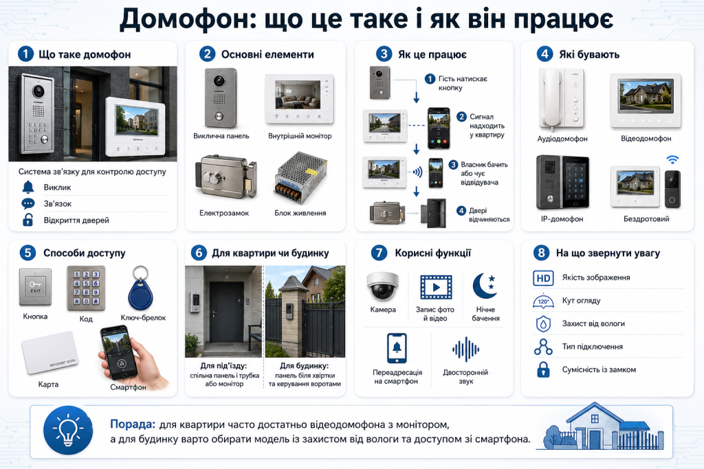 Інфографіка про будову, принцип роботи, види та функції домофона для квартири й будинку