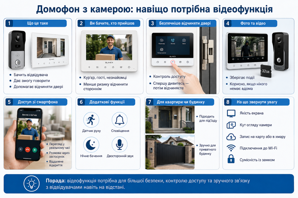 Інфографіка про переваги домофона з камерою, відеозапис, контроль доступу та керування зі смартфона