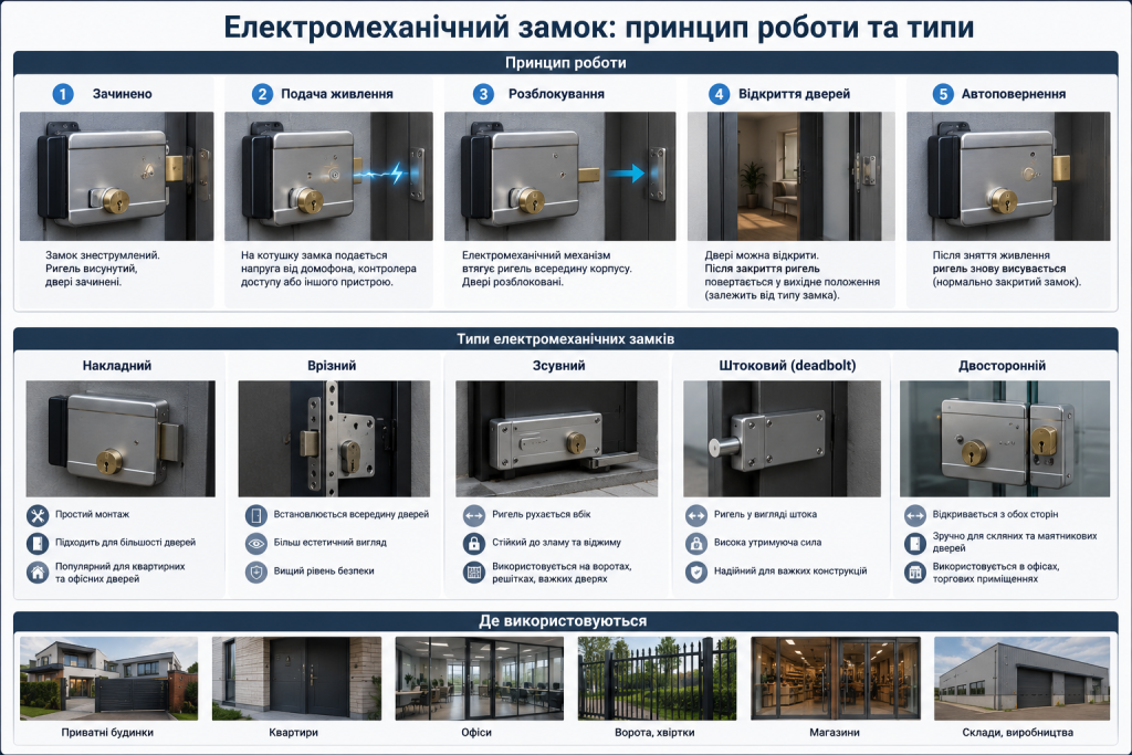 Інфографіка про принцип роботи, типи та сфери застосування електромеханічних замків