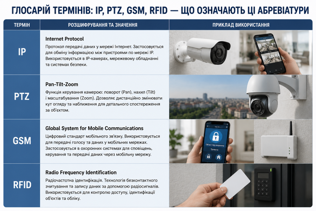 Таблиця з поясненнями термінів IP, PTZ, GSM і RFID, які використовуються в системах безпеки та відеоспостереження