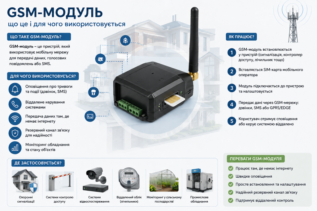 Інфографіка про принцип роботи, застосування та переваги GSM-модуля для систем безпеки