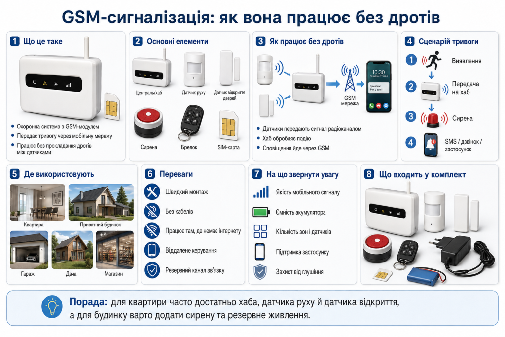 Інфографіка про принцип роботи бездротової GSM-сигналізації, її елементи, переваги та застосування