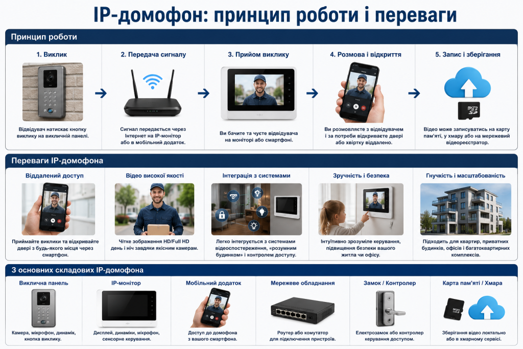 Інфографіка про роботу IP-домофона, віддалений доступ, відеозапис та інтеграцію із системами безпеки