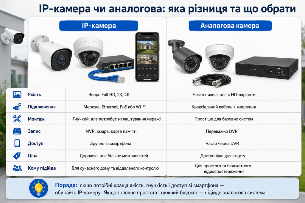 Порівняльна таблиця IP-камери та аналогової камери за якістю, підключенням і ціною