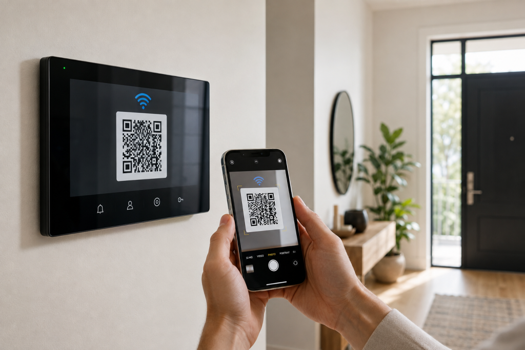 Wi-Fi домофон: покрокове підключення до смартфона Жінка сканує QR-код на екрані домофона для підключення пристрою до мобільного застосунку