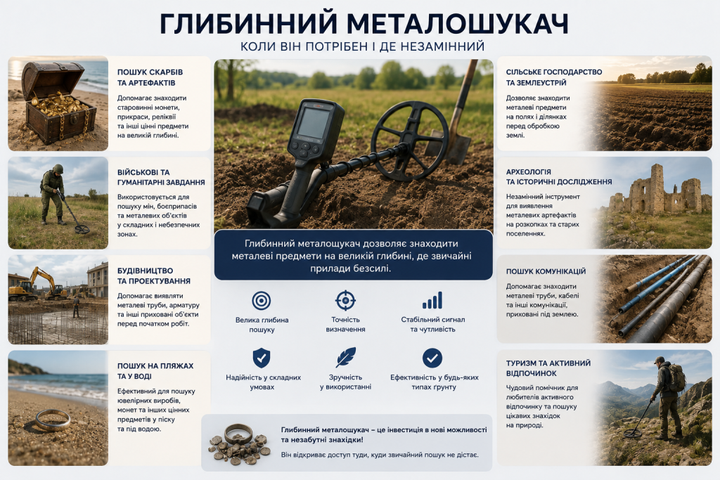 Інфографіка про застосування глибинного металошукача для пошуку металу, комунікацій, археологічних об'єктів та інших цілей