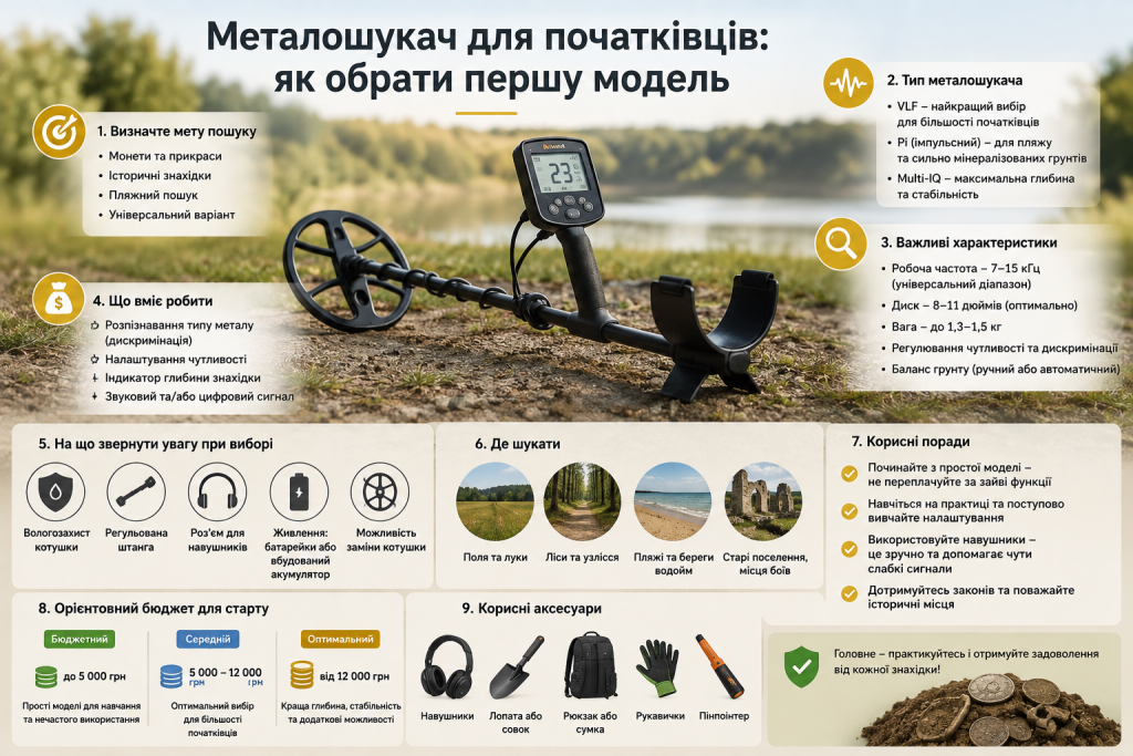 Інфографіка про вибір першого металошукача, важливі характеристики, бюджет та аксесуари