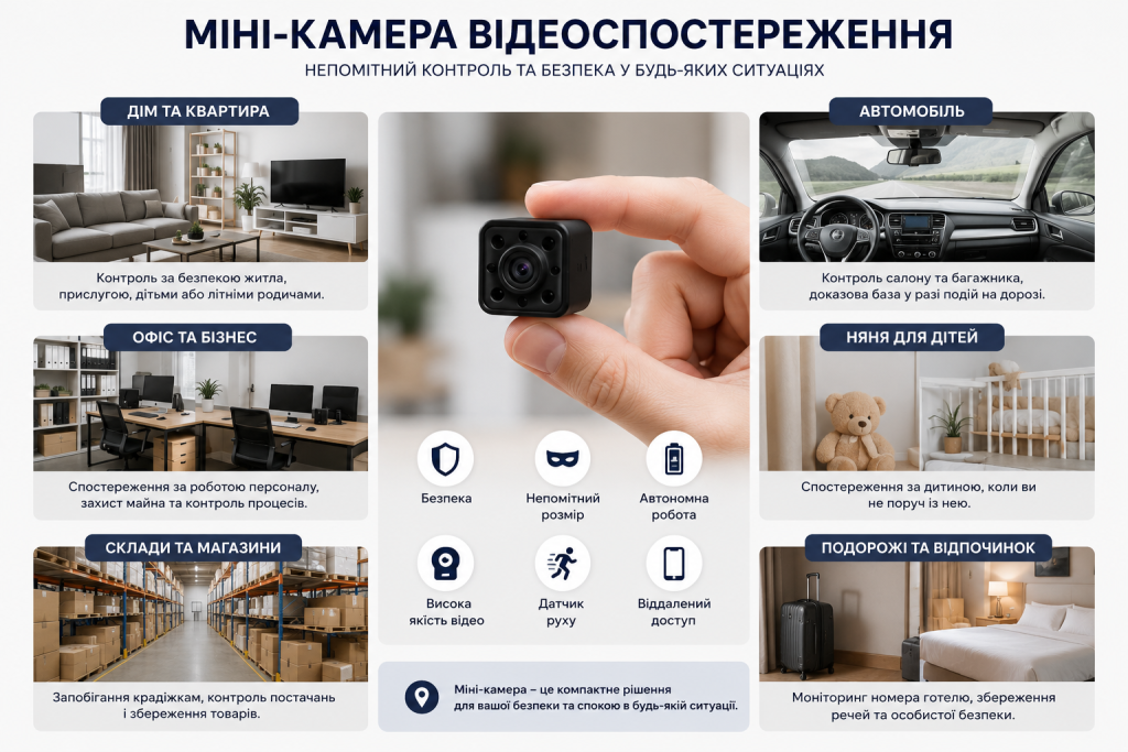 Інфографіка про міні-камеру відеоспостереження для дому, офісу, автомобіля, складу та інших побутових сценаріїв