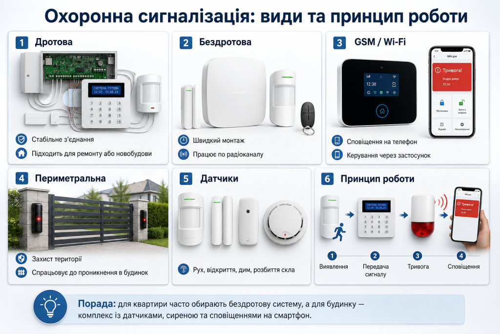 Інфографіка про види охоронної сигналізації, датчики, сповіщення та принцип роботи системи