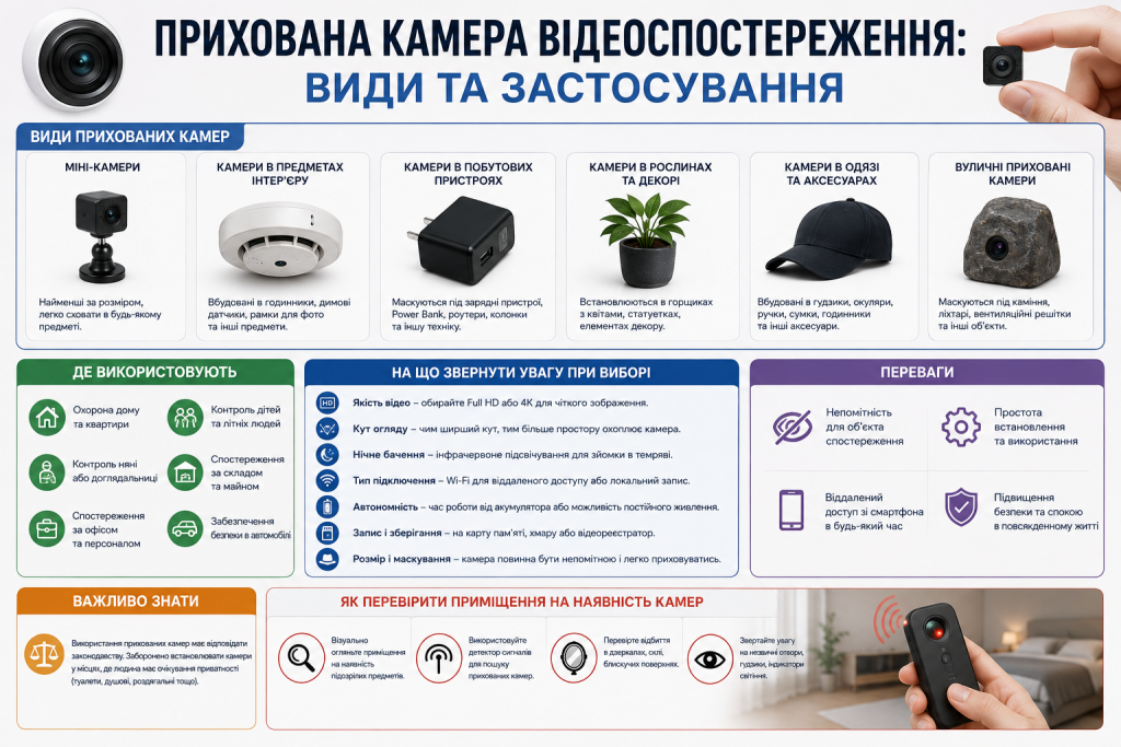 Інфографіка про види прихованих камер, сфери законного застосування та критерії вибору