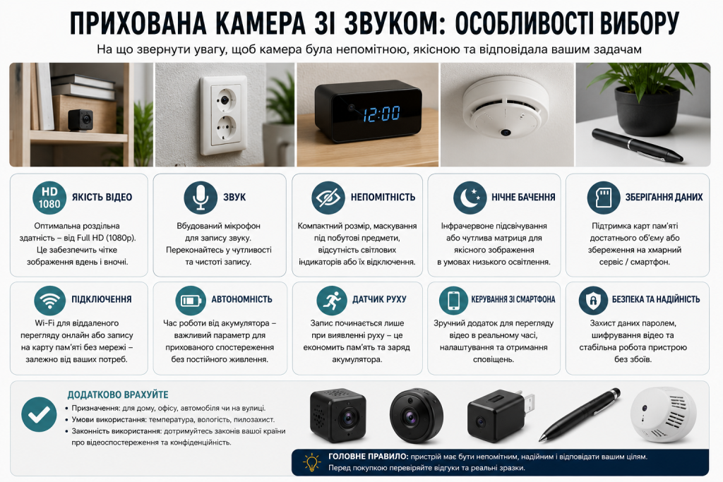 Інфографіка про види прихованих камер зі звуком, основні характеристики, живлення, пам’ять і правила використання