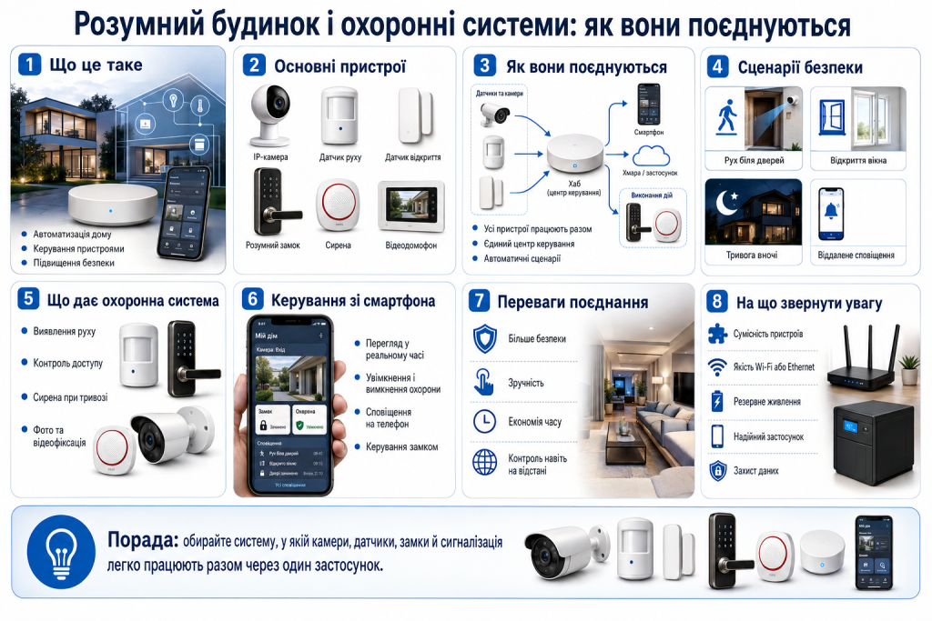 Інфографіка про інтеграцію камер, датчиків, замків і сигналізації в систему розумного будинку