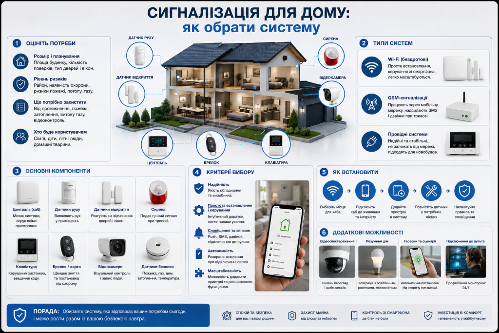 Інфографіка про вибір домашньої сигналізації, основні компоненти, типи систем та встановлення