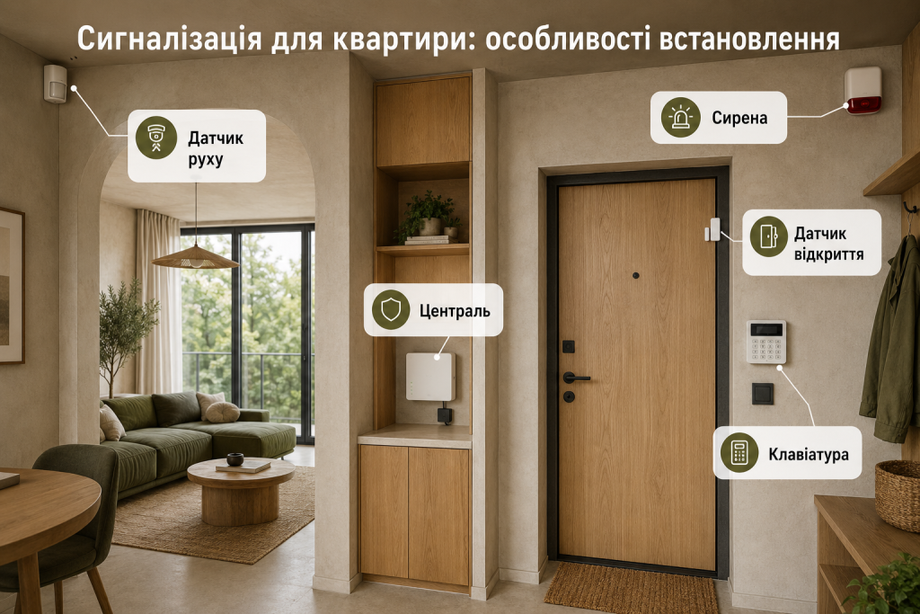 Інфографіка зі схемою квартирної сигналізації, датчиком руху, сиреною, датчиком відкриття, центральним блоком і клавіатурою