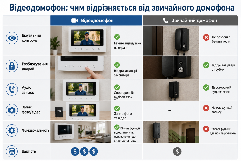 Порівняльна таблиця відеодомофона та звичайного домофона за функціями, можливостями й ціною