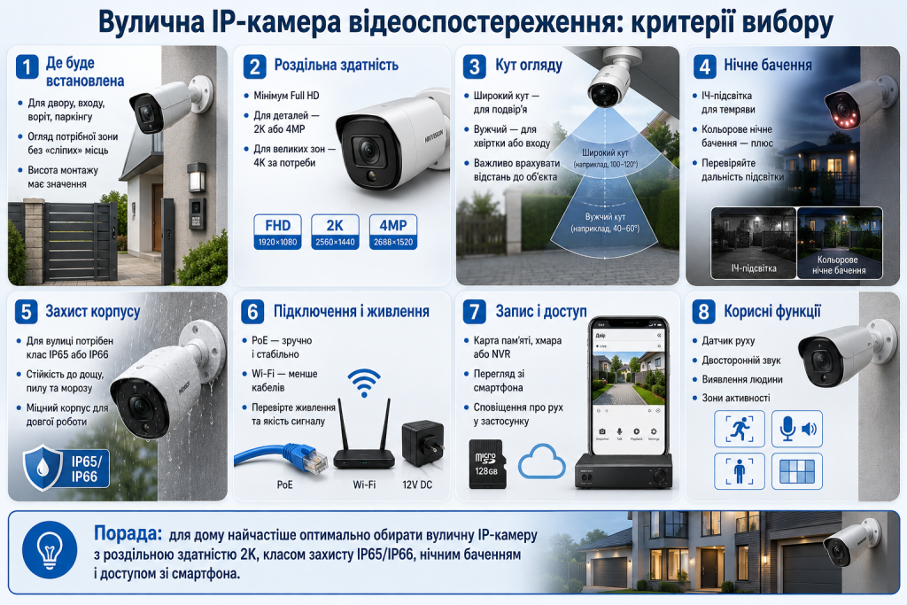 Інфографіка про вибір вуличної IP-камери за роздільною здатністю, кутом огляду та захистом