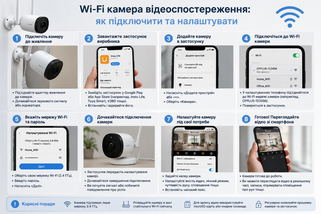 Покрокова інфографіка з підключення Wi-Fi камери відеоспостереження до смартфона