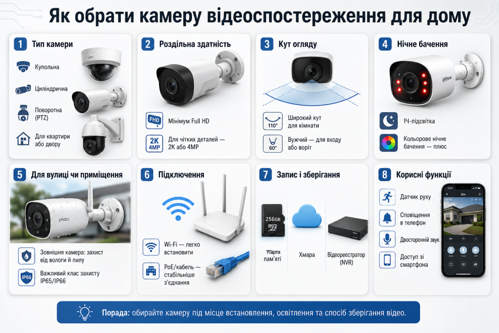 Інфографіка про вибір камери відеоспостереження для дому за роздільною здатністю, кутом огляду та нічним баченням