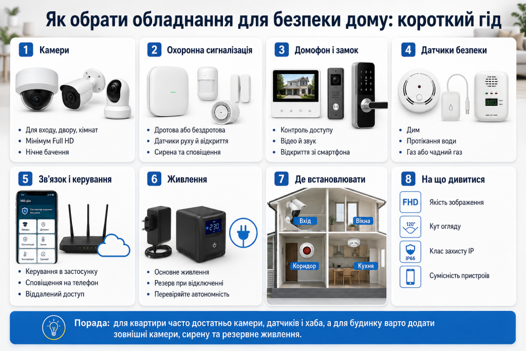 Інфографіка про вибір камер, сигналізації, домофона, замка та датчиків безпеки для дому