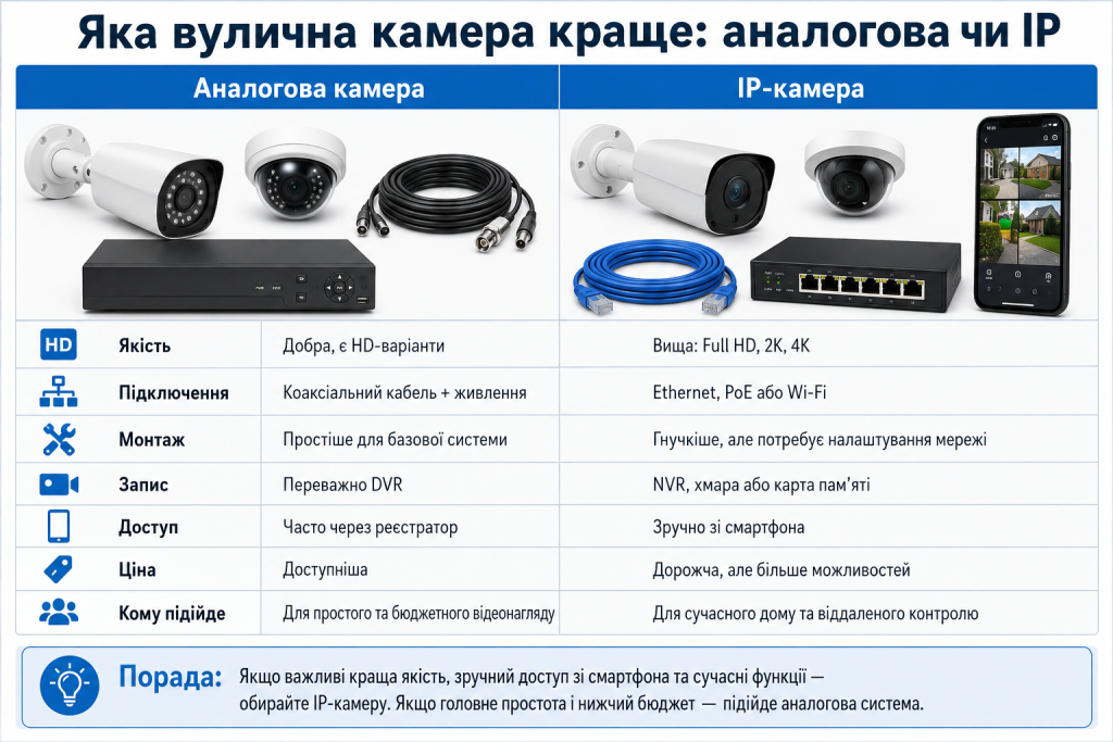 Порівняльна таблиця аналогової та IP-камери за якістю відео, підключенням, записом і ціною