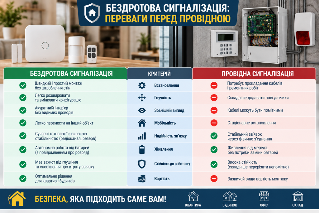 Інфографіка з порівнянням бездротової та провідної сигналізації за монтажем, гнучкістю, надійністю, живленням і вартістю.