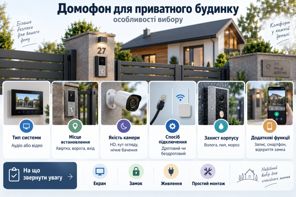 Інфографіка про вибір домофона для приватного будинку з порівнянням типів систем, якості відеокамери, способів підключення та додаткових функцій безпеки.