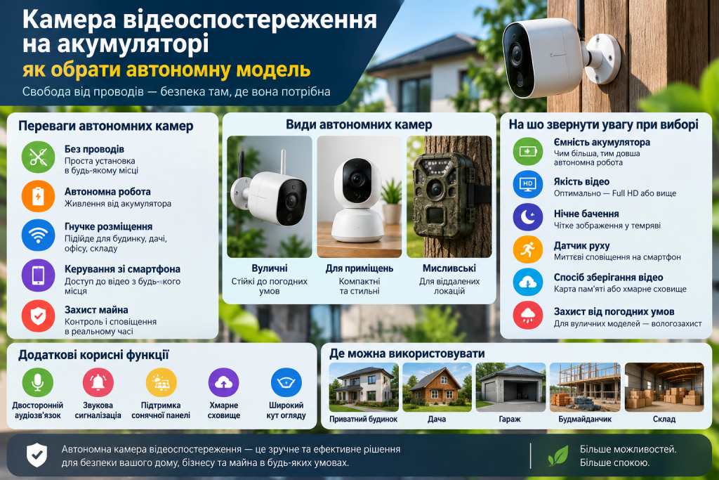 Інфографіка про вибір автономної камери відеоспостереження на акумуляторі, її функції, типи та основні характеристики