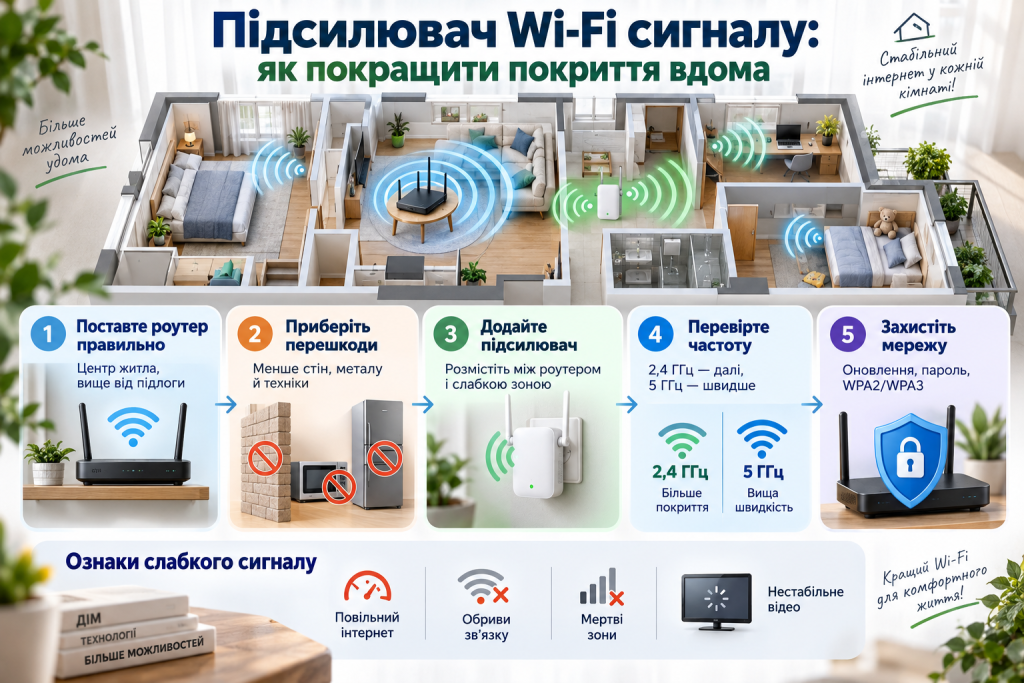 Інфографіка про встановлення підсилювача Wi-Fi сигналу, правильне розміщення роутера та способи покращення покриття інтернету вдома.