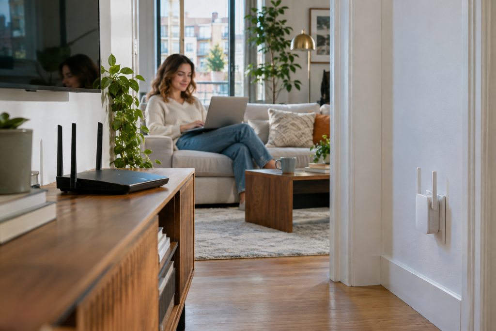 Підсилювач Wi-Fi сигналу для дому: як покращити покриття Домашній Wi-Fi роутер і підсилювач сигналу в квартирі, де жінка працює за ноутбуком у зоні стабільного бездротового інтернету.