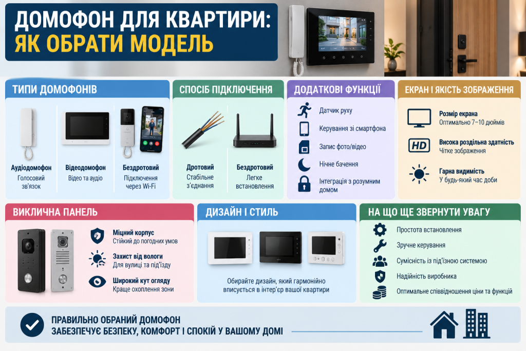 Інфографіка про вибір домофона для квартири, типи пристроїв, способи підключення, функції, екран і викличну панель.