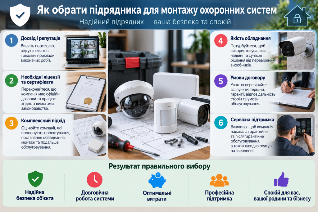 Інфографіка з критеріями вибору підрядника для монтажу камер відеоспостереження та охоронних систем